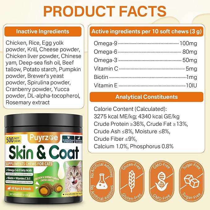 Cat Skin and Coat Health - 500 Chews Crunchy & Creamy Cheese Core with Omega 3/6/9, Vitamins C & E, Biotin for Skin Hydration & Coat Shine Supplement for Cats Kittens - Chicken & Shrimp Flavor