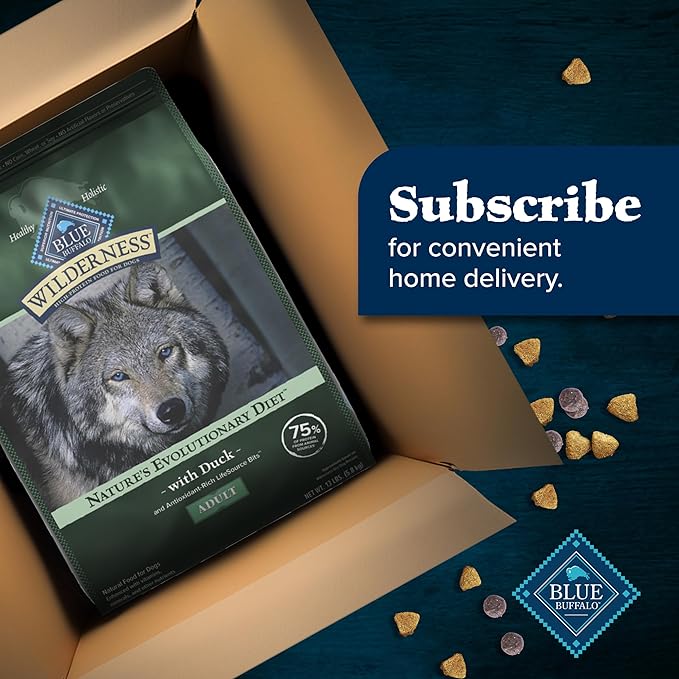 Blue Buffalo Wilderness Natural High-Protein Dry Food for Adult Dogs, WITH WHOLESOME GRAINS, Duck, 28-lb Bag.