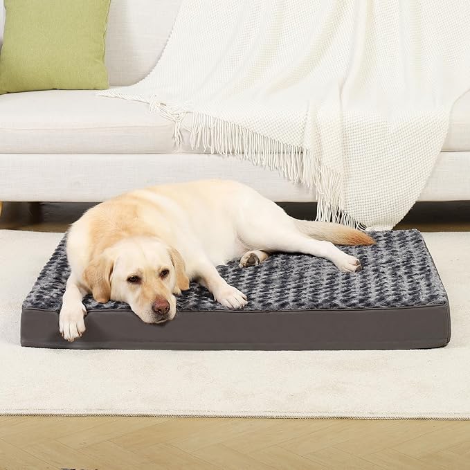 MIHIKK Dog Bed for Large Dogs, Orthopedic Pet Bed with Removable Washable Cover, Egg Crate Foam Dog Mattress Nonskid Bottom, Comfy Anti-Anxiety Puppy Mat, 35x22 inch, Dark Grey-Rose Pattern