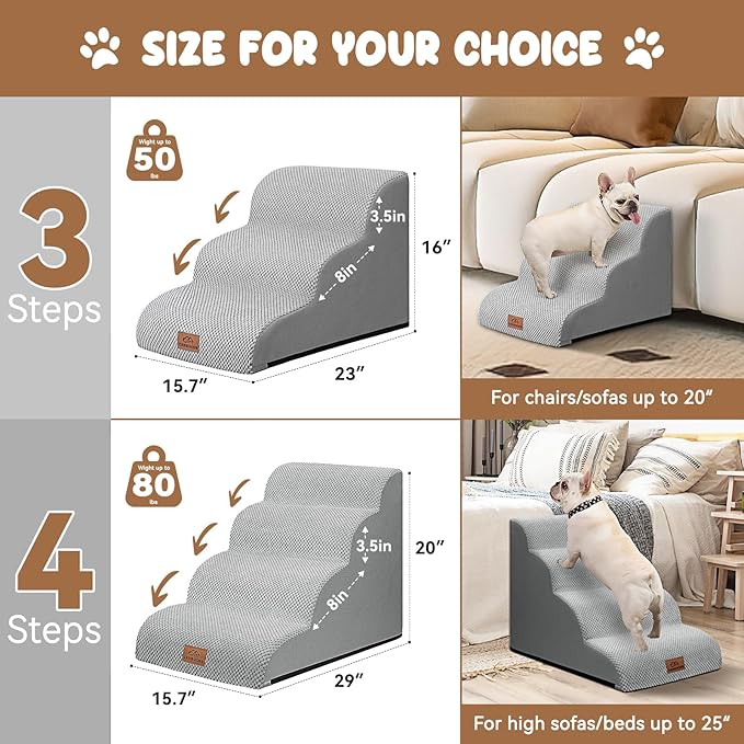 Dog Ramp and Stair for Bed 16" H-20 H,3-Step Cat Stair for Sofa and Chair,4-Step Dog Ramp for High Bed and Window,Durable Nonslip Fabric Cover for Indoor (Light Grey-16 H, Pet Friendly, 3)