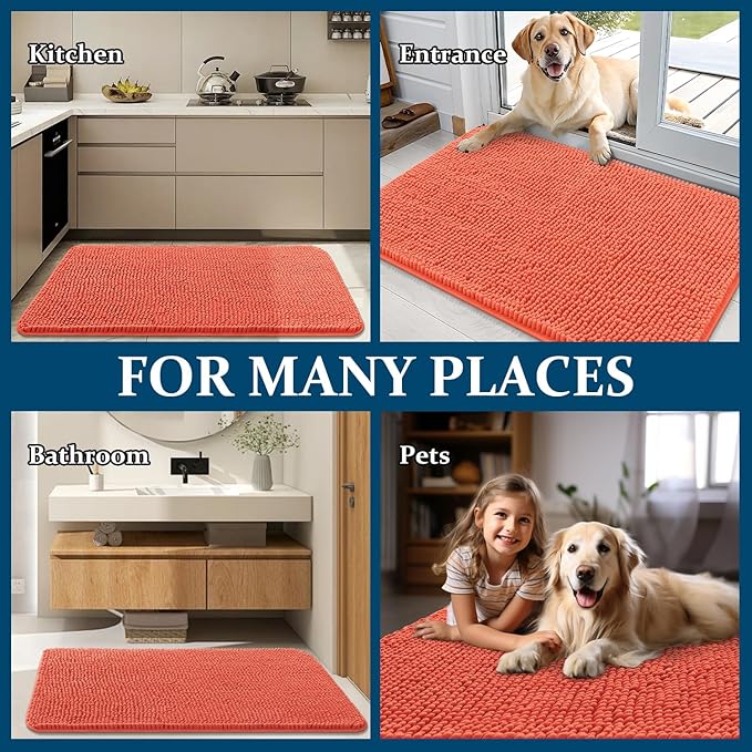 OLANLY Dog Door Mat for Muddy Paws 59x35, Absorbs Moisture and Dirt, Absorbent Non-Slip Washable Doormat, Quick Dry Chenille Mud Mat for Dogs, Entry Indoor Entryway Carpet for Inside Floor, Coral