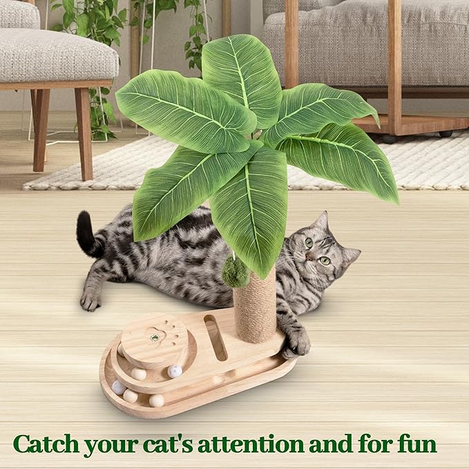 Meowoou Cat Scratching Post Cat Scratcher Interactive Toy with Dangling Ball for Indoor Kitten 2 Layer Base Wooden Ball Track 17.7" Tall Modern Sisal Scratch Pole