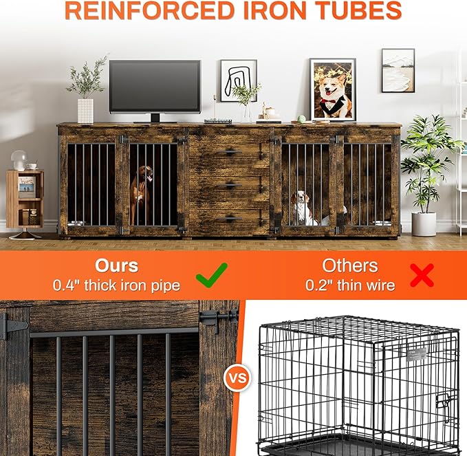 Rophefx 94.5" Dog Crate Furniture for 2 Dogs, Large Dog Kennel Furniture with 3 Storage Drawer, Wooden Dog Cage with 4 Bowls, Indoor Dog House TV Stand with Locks for Large Medium Dog, Rustic Brown