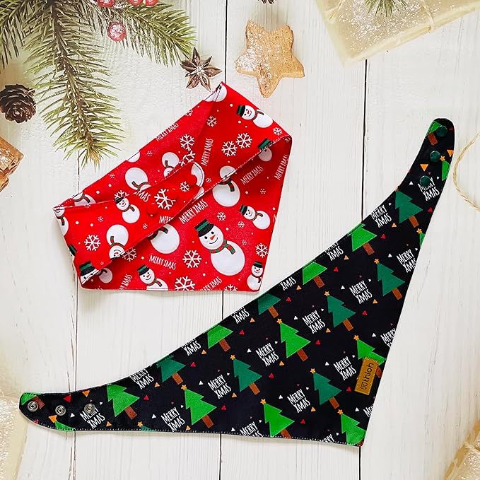 Christmas Dog Bandanas with Snap Button - 2 Pack Reversible Santa Claus Dog Scarf for Boy & Girl, Dog, Christmas Tree Holiday Bandana for Medium and Large Dogs (Large)