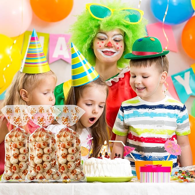 Blulu 100 Pieces Dog Treat Bags Puppy Party Favor Pet Paw Cone Cellophane Bags Candy Heat SealableDog Paw Gift with 100 Pieces Silver Twist Ties for Pet Cat Treat Party Favor(Orange)