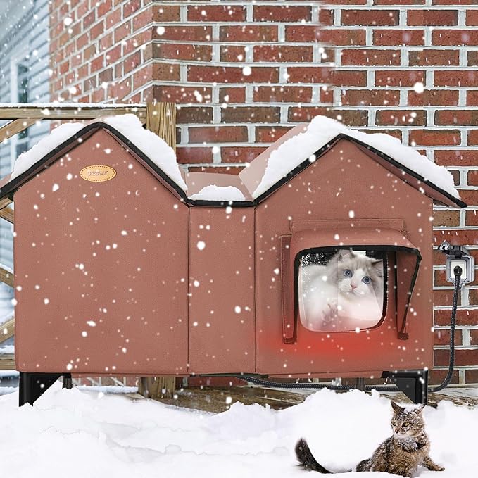 Heated Outdoor Cat House Weatherproof for Winter - Extra Large Heated Cat House for Outside, Elevated Bed, Escape Door, Fully Insulated Feral Cat Shelter for Multiple Cats Small Dogs, Easy Assembly