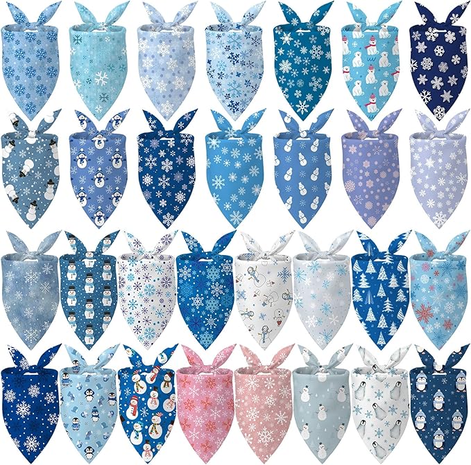 Chunful 120 Pcs Winter Bandanas for Dogs Bulk Charm Blue Bandanas Snowflake Patterns Soft Bibs Adjustable Triangle Doggie Cats Scarf for Small Medium Large Pet Winter Costume 25.6 x 17.7 x 17.7 Inch