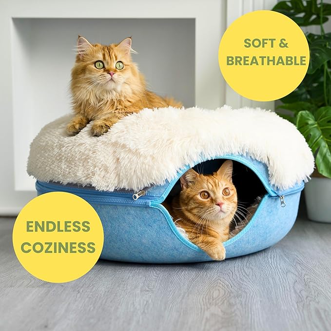 CATTASAURUS Peekaboo Cat Cave for Multiple & Large Cats Up to 30-45 Lbs, Fluffy Cat Beds for Indoor Cats, Scratch Detachable & Washable Tunnel Bed, Comfy Donut Cave (Blue, Large (Calming))