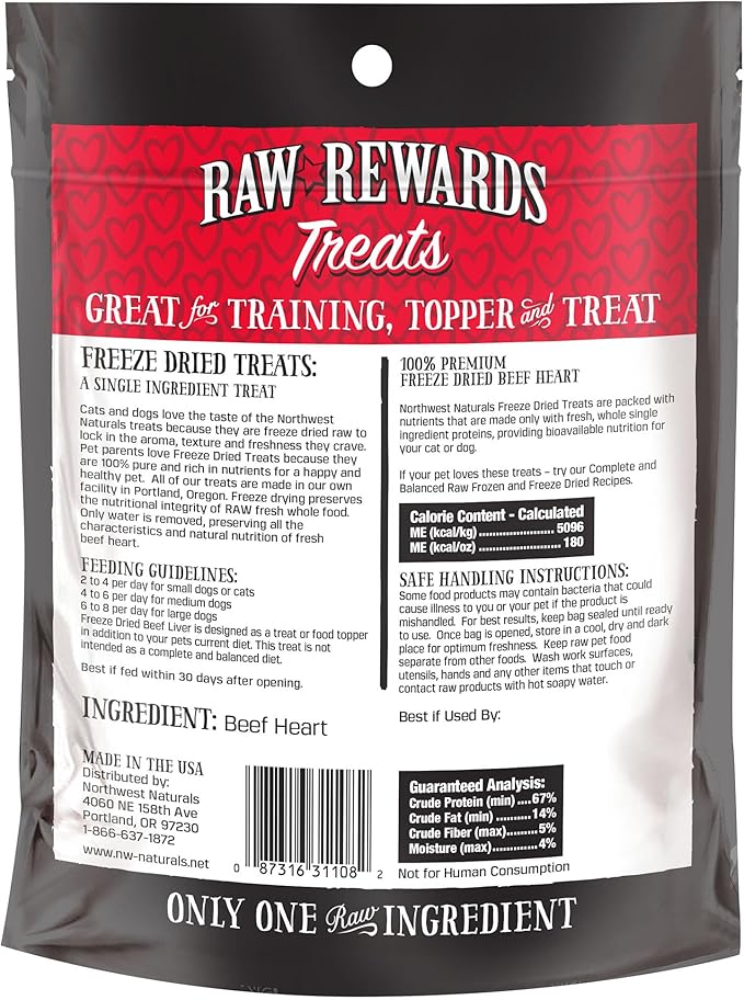 Northwest Naturals Raw Rewards Freeze-Dried Beef Heart Treats for Dogs and Cats - Bite-Sized Pieces - Healthy, 1 Ingredient, Human Grade Ingredients, All Natural, Proudly Made in USA, 3 Oz (Pack of 3)