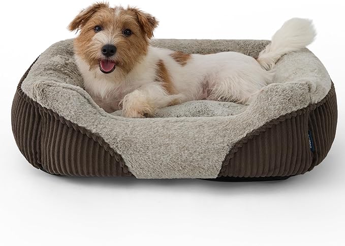 Bedsure Washable Dog Bed Small Medium Size Dog - Rectangle Fluffy Plush Pet Bed Puppy Bed, Comfy Corduroy Fleece and Nonskid Bottom,25x21x7inches,Suitable for Pet Up to 20lbs,Brown