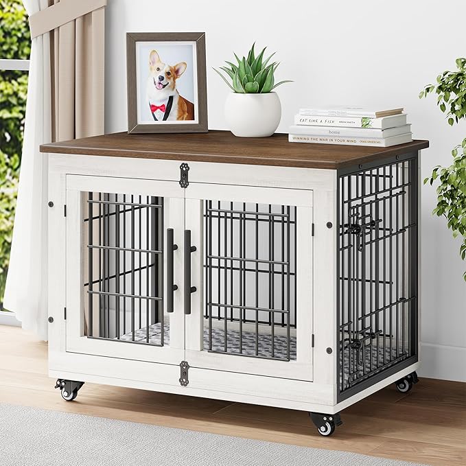 Dog Crate Furniture with Cushion Set of 2, Wooden Dog Kennel Indoor with Double Doors, Dog Cage with Wheels, Dog House Side End Table for Small Medium Dogs up to 45 lb, 32.5" L, White