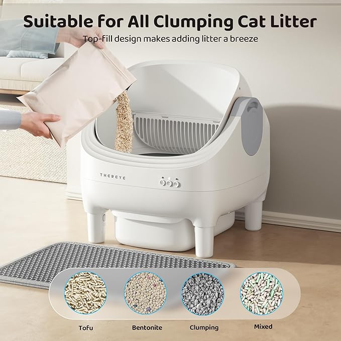 Thereye Self Cleaning Cat Litter Box, Open-Top Automatic Litter Box with APP Control, Safety Sensor and 10L Large Waste Bin, Smart Kitty Litter Boxes with Trash Bags and Mat for Multiple Cats