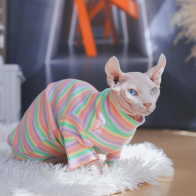 PUMYPOREITY Soft Hairless Cats Clothes - Rainbow Stretchy Cat Sweater, Pullover Jumpsuit, Turtleneck Outfit for Sphynx, Cornish Rex, Devon Rex, XS