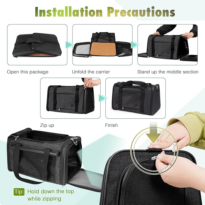 YUDODO 25 lbs Lightproof Soft Sided Large Cat Carrier for Small Pet Dog Airline Approved Travel Bag Puppy Carriers with Side Pockets & Reflective Mesh, Foldable Portable for Outdoor Car Black