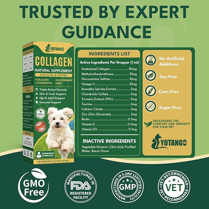 Liquid Collagen for Dogs, Natural Dog Collagen for Skin & Coat Support, Immune Support, Joint & Mobility Care with MSM, Middle-Aged and Older Dogs (Bacon Flavor - 60ml)