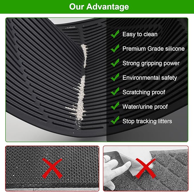 Gosmol Cat Litter Mat, 24"x15" Waterproof & Urine-Proof Silicone Trapping Mat with Deep Grooves, Easy Clean Non-Slip Rubber Cat Mat for All Litter Boxes (Hooded/Self-Cleaning) & Floors, Black