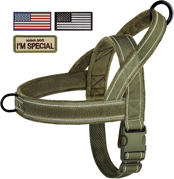 Forestpaw No Pull Dog Harness with Large Handle,Slip on Reflective Vest with Quick Release Buckle,Comfortable Flannel Lining for Medium Large Dogs Walking Training (Includes 3 Patches),Green L