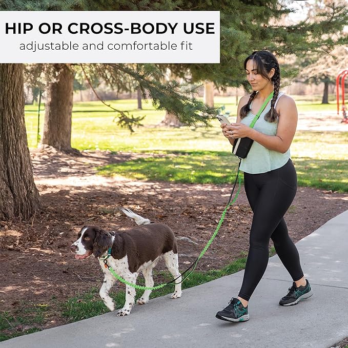 Squirrel Products Hands Free Dog Leash with Hip Belt/Crossbody Strap, Zipper Pouch, and Shock Absorbing Bungee for Walking or Jogging with pet (Green, Black)