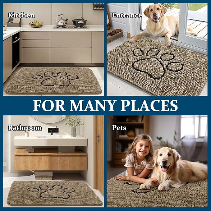 OLANLY Dog Door Mat for Muddy Paws 30x20, Paw Print Design, Absorbs Moisture and Dirt, Absorbent Non-Slip Washable Doormat, Quick Dry Chenille Mud Mat for Dogs, Entry Indoor Entryway Carpet, Tan
