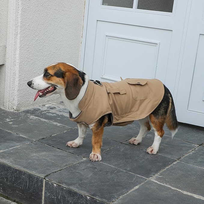 Workwear Style Dog Coats with Harness Built in for Small Dogs Windproof Warm Puppy Jacket with Storage Pockets for Cold Winter,LightBeige XXXL
