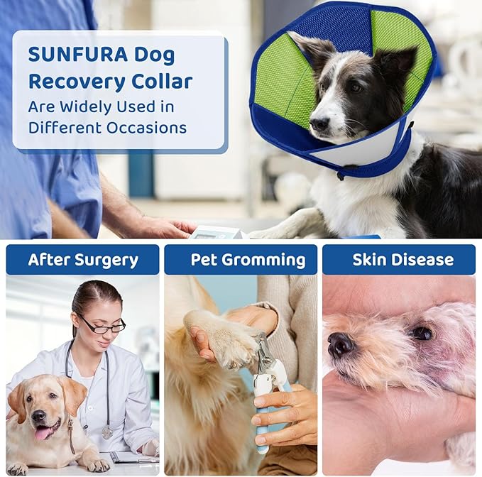 SUNFURA Dog Cones for Large Dogs, Soft Pet Cone Stop Licking After Surgery, Adjustable Pet E-Collar Alternative for Wound Healing, Blue Green X-Large