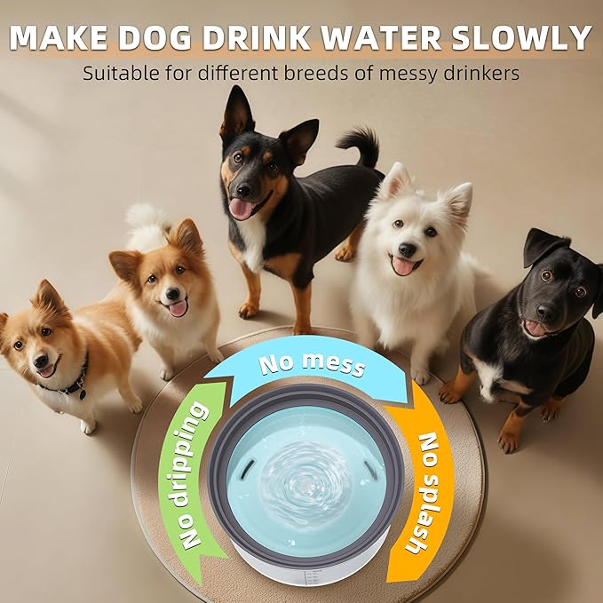 Decflow 1.2Gallon Dog Water Bowl No Spill, 4.5L Large Capacity Spill Proof Dog Bowls with Transparent Floating Disk, No Splash Slow Drinking Water Bowls for Sloppy Messy Drinkers (Gray)