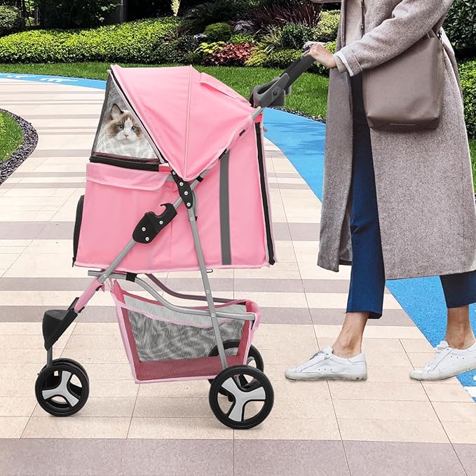 Cat Dog Stroller, 3-Wheels for Medium/Puppy Dogs 30 Lbs, Foldable Pets Stroller with Storage Basket and Cup Holder, Breathable Mesh Pink