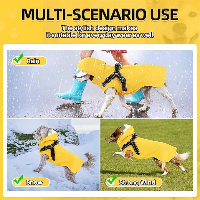 SlowTon Dog Raincoat Waterproof - Dog Rain Jacket with Harness and Hood Lightweight, Reflective Dogs Rain Coat for Large Medium Small Dogs Girl Boy Puppy Poncho Pet Clothes (Yellow, L)
