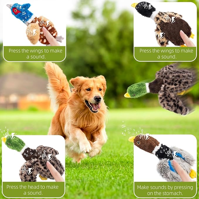 Extra-Plush Duck Dog Toy with 2 Squeakers & Crinkle β No Stuffing Gentle Chewer Squeaker for Calming Play, Hypoallergenic Soft Toy for Puppies to Senior Dogs (Long Pile, Brown & Grey)
