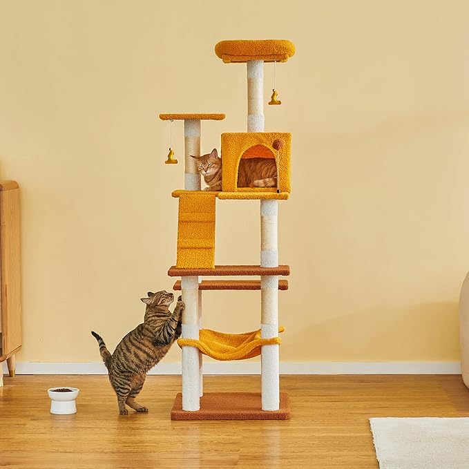 MWPO Cat Tree, 63.8-Inch Cat Tower for Indoor Cats, Multi-Level Cat Condo with 5 Scratching Posts, 2 Perches, Hammock, Dangling Toys, Yellow