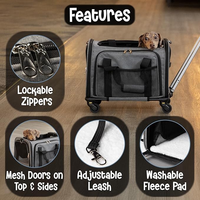 Pet Carrier with Wheels | Delta American Frontier Airline Approved | Two Expandable Sides, Storage Pockets Adjustable Leash | Rolling Dog and Cat Carrier TSA Compliant (Light Grey 17x12.5x11)