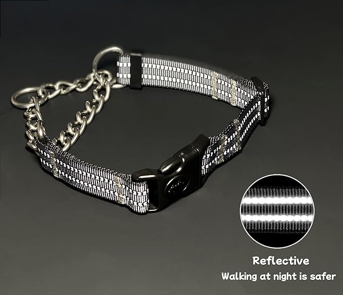 Martingale Dog Collars, Reflective Nylon Collar with Stainless Steel Chain, Adjustable Walking Training Dog Collars with Quick Release Buckle, Suitable for Small Medium Large Dogs(Gray,S)