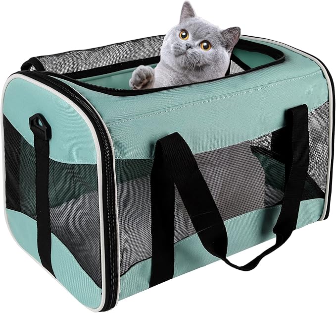 Cat Carrying Case Pet Dog Carrier Soft-Sided Cat Bag Airline Approved, Pet Travel Carrier Up to 15 Lbs, Collapsible Cats Carrier Dog Carrier for Medium Small Cats Dogs(17x11x11 Green)