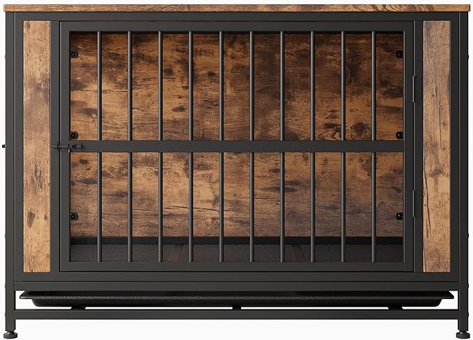 Dog Crate - Metal & Wooden Kenel with 3 Doors for Indoor, Medium/Large Dogs - Heavy Duty, Rustic Black & Brown