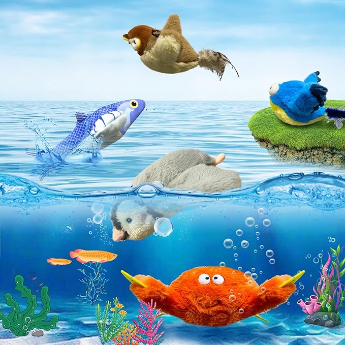 Cat Toys, Flapping Wings Blue-Bird, No Flying, Chirping Bird Interactive Catnip Toy for Kitten or Small Dogs, Touch Activated, Rechargeable