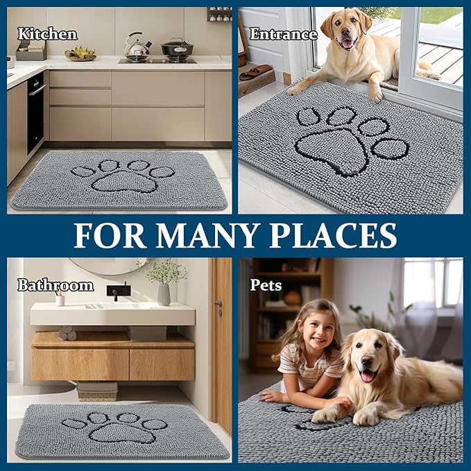 OLANLY Dog Door Mat for Muddy Paws 47x24, Paw Print Design, Absorbs Moisture and Dirt, Absorbent Non-Slip Washable Doormat, Quick Dry Chenille Mud Mat for Dogs, Entry Indoor Entryway Carpet, Grey