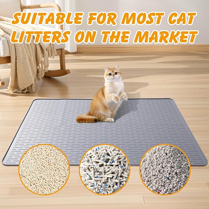 Silicone Cat Litter Mat, 34x22 in Waterproof Litter Box Mat Cats Feeding Mats with Raised Edges, Quick Clean Desig (Grey)