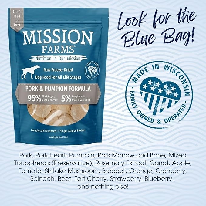 Mission Farms Freeze-Dried Raw Dog Food Pork & Pumpkin Complete & Balanced for All Life Stages, 14 oz