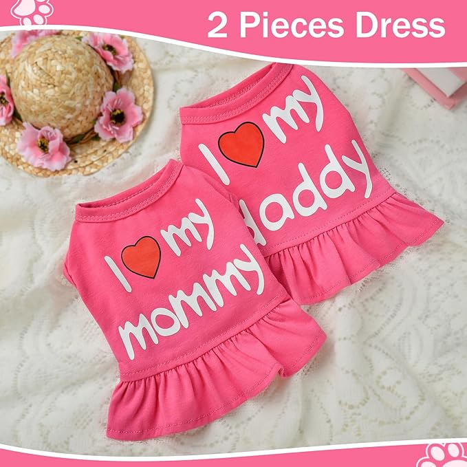 2 Pieces Dog Dresses for Small Dogs Girl Spring Summer Clothes Chihuahua Yorkie I Love My Mom Daddy Cute Tutu Skirt Puppy Pet Cat Apparel (XX-Large)