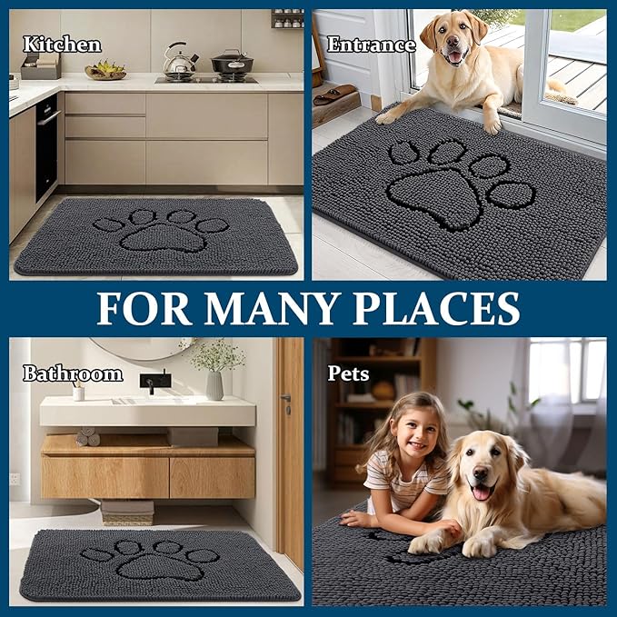 OLANLY Dog Door Mat for Muddy Paws 36x24, Paw Print Design, Absorbs Moisture and Dirt, Non-Slip Washable Doormat, Quick Dry Chenille Mud Mat, Entry Indoor Entryway Carpet, Dark Grey and Black