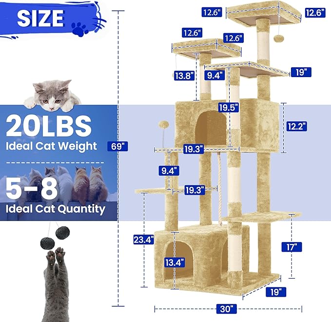 69-Inch Tall Cat Tree with Huge Condos, Multi-Functional Cat Tower with Top Perches, Scratching Posts, Pompoms, for Climbing, Lounging and Playing (Beige)