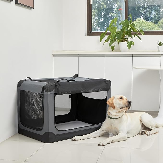 Amazon Basics 4-Doors Portable Soft-Sided Folding Travel Crate Kennel for cat, Dog, and Other Small Animals, Grey, L 36" x 24" x 24"