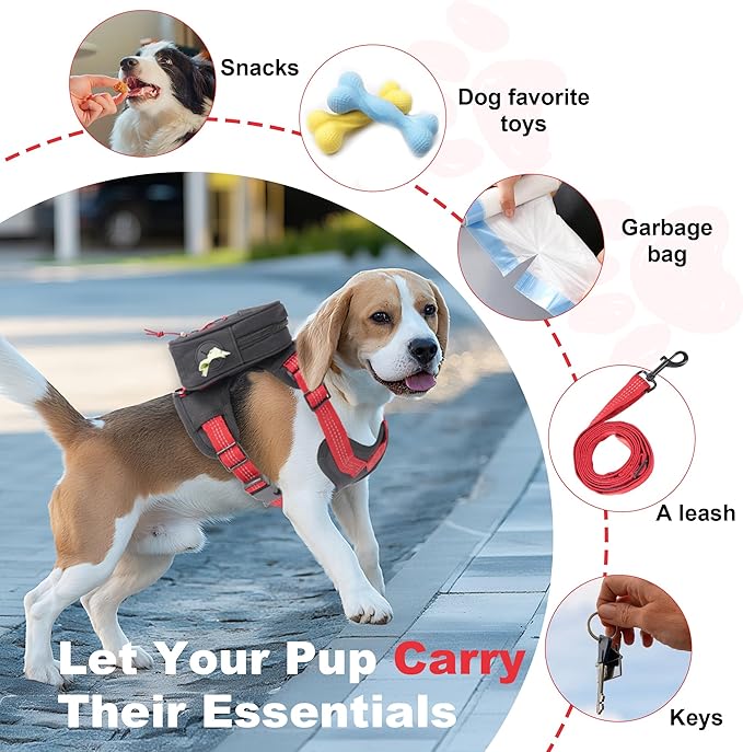 Dog Backpack Harness for Small and Medium Dogs, Adjustable Pet Bag with Detachable Backpack and Leash, Water-Resistant for Hiking, Travel and Walks, S
