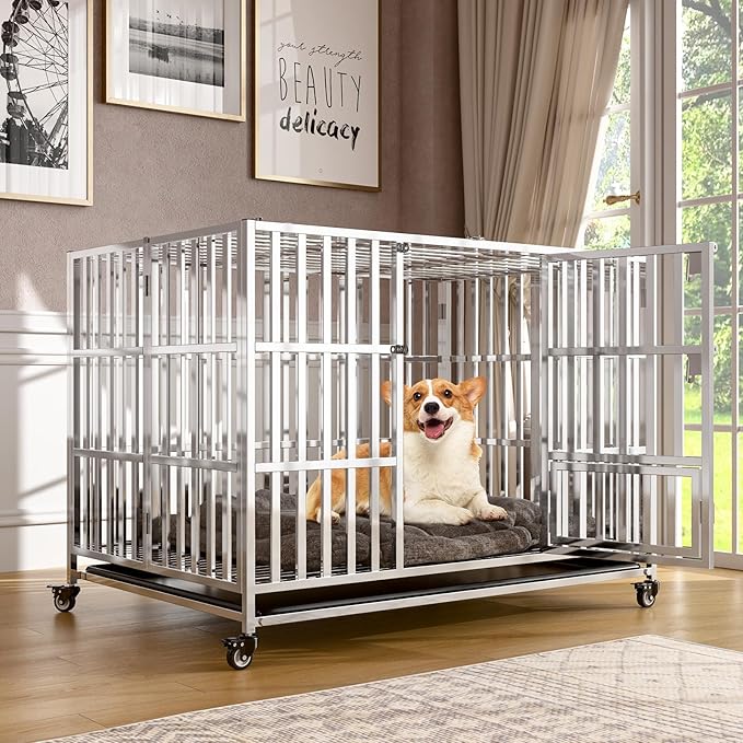 42" Heavy Duty Dog Crates for Large Dogs, Upgraded 4 Lockable Wheels, Stainless Steel Kennel Dog Kennel Indoor, Max Load 300Lbs, Easy to Clean, Escape Proof, XL Dog Cage for High Anxiety Dogs