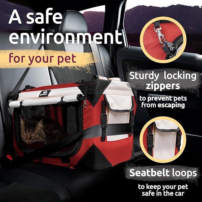 Medium Cat & Dog Carrier for Most Cats or Small Dogs, Soft-Sided, Collapsible with Locking Zippers, Portable Travel Bag with Soft Bed, Red