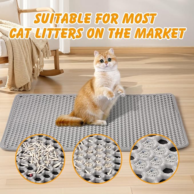 Large Cat Litter Mat, 46x26 Inch Double Layer Litters Box Mat, Waterproof Cat Mat for Litter Box(Gray)