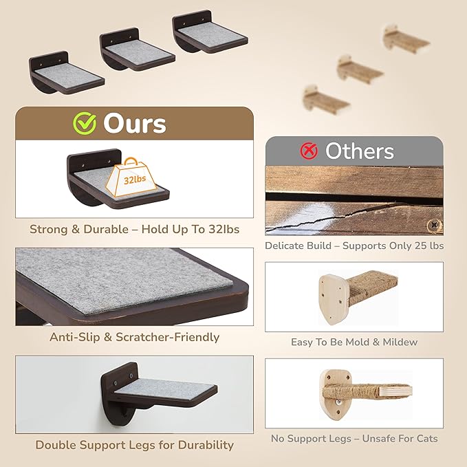 45LBS Capacity Cat Window Perch with Bolster, Hammock Seat with Premium Plywood & Metal Frame, Cat Window Bed for Indoor Cats & Kittens, Extra Cood Pad (Walnut, Cat Wall Steps)