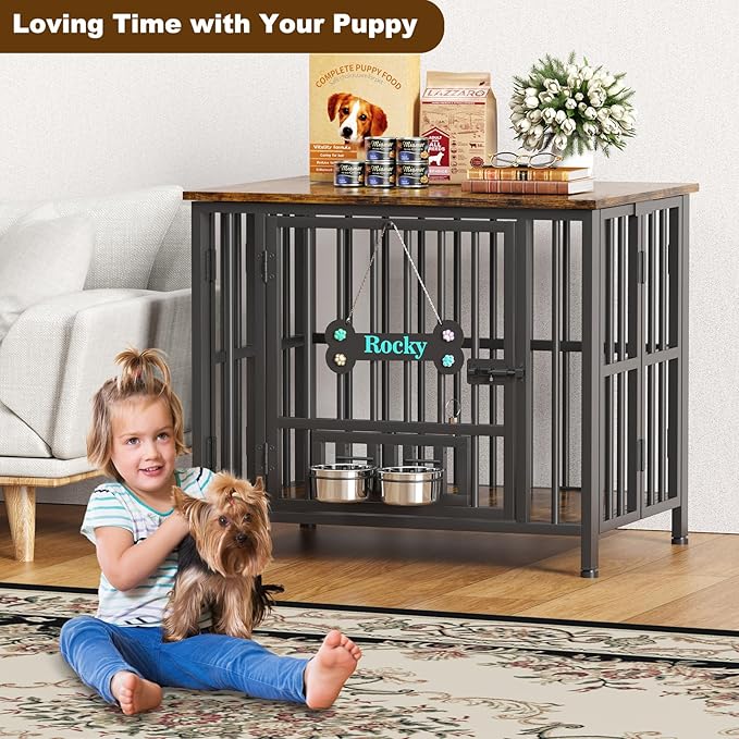 Easycom 31" Dog Crate Furniture Foldable, No Assembly Decorative Dog Kennel Indoor, Dog Crates for Medium Dogs(20-35 lb), Wooden Dog Cage with Adjustable Bowls and Name Tag, End Table, Rustic Brown