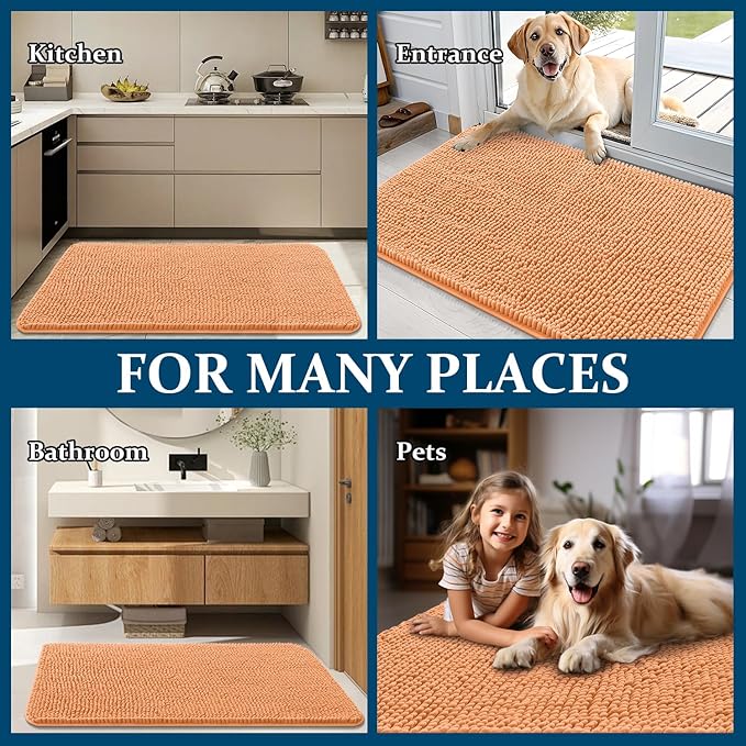 OLANLY Dog Door Mat for Muddy Paws 70x35, Absorbs Moisture and Dirt, Absorbent Non-Slip Washable Doormat, Quick Dry Chenille Mud Mat for Dogs, Entry Indoor Entryway Carpet for Inside Floor, Orange