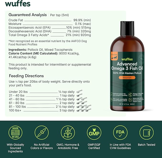 Wuffes Advanced Omega 3 Fish Oil for Dogs, Natural EPA & DHA Fatty Acids, Supports Healthy Skin and Coat, Joint Nutrition, Digestion & Immune System - 100% Pure Wild Alaskan Fish Oil, 16 Oz